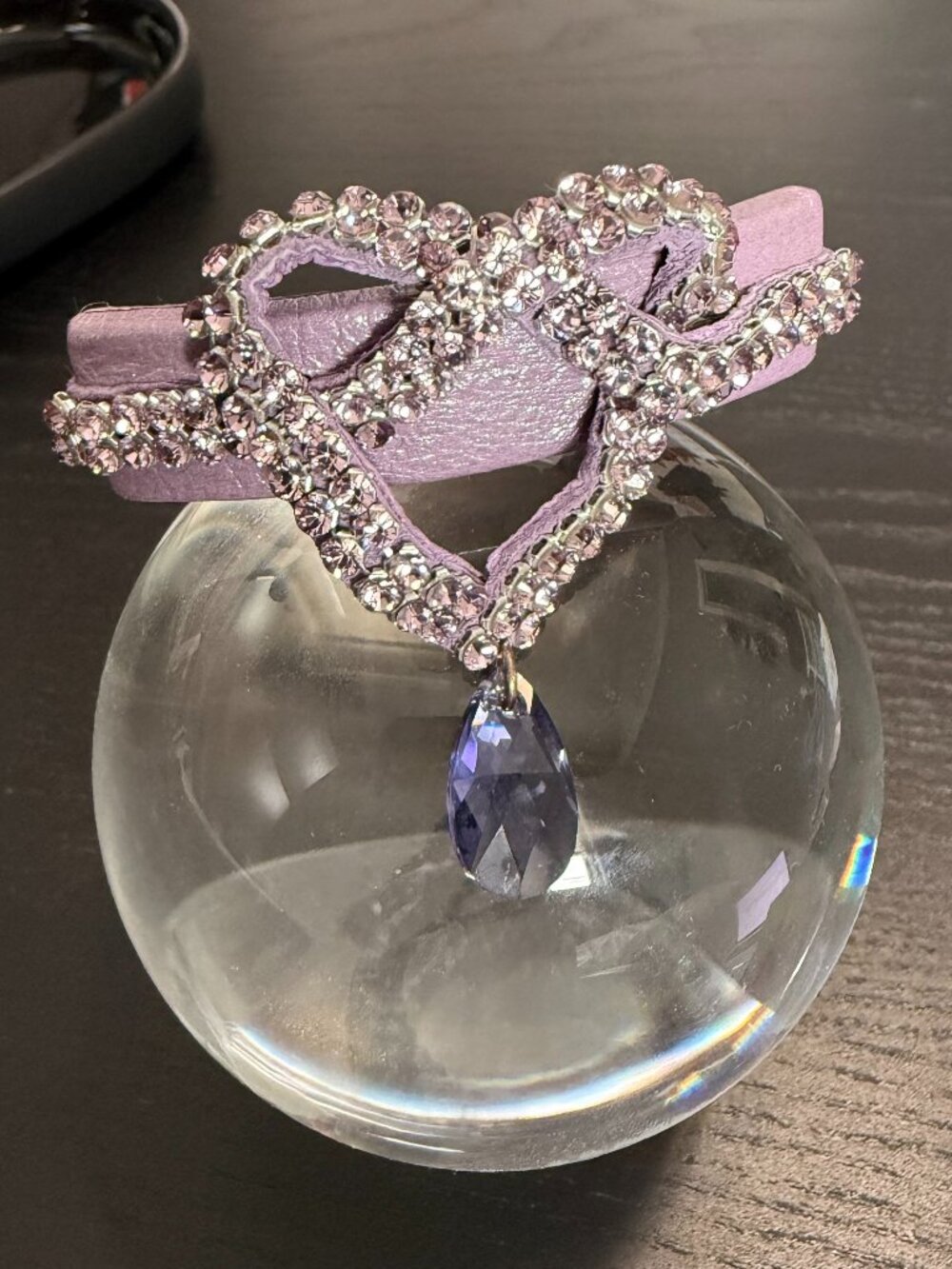 C$310 Retail Alexandre Zouari Lilac Leather Crystal Heart Teardrop Hair Hair Tie